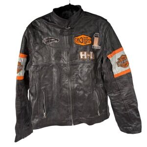 Real Leather Harley Davidson Motorcycle Jacket Patches Embellished Biker Coat XL